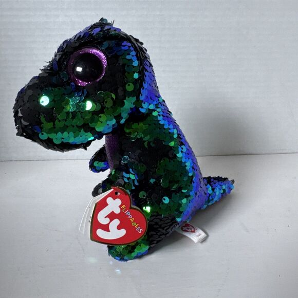 Beanie Boos Crunch The Dinosaur Flip Sequins Purple/Green/Black Sparkly Eyes 7" - Picture 5 of 7